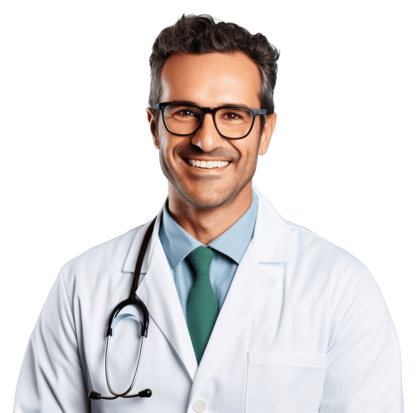 Smiling male doctor with glasses and stethoscope